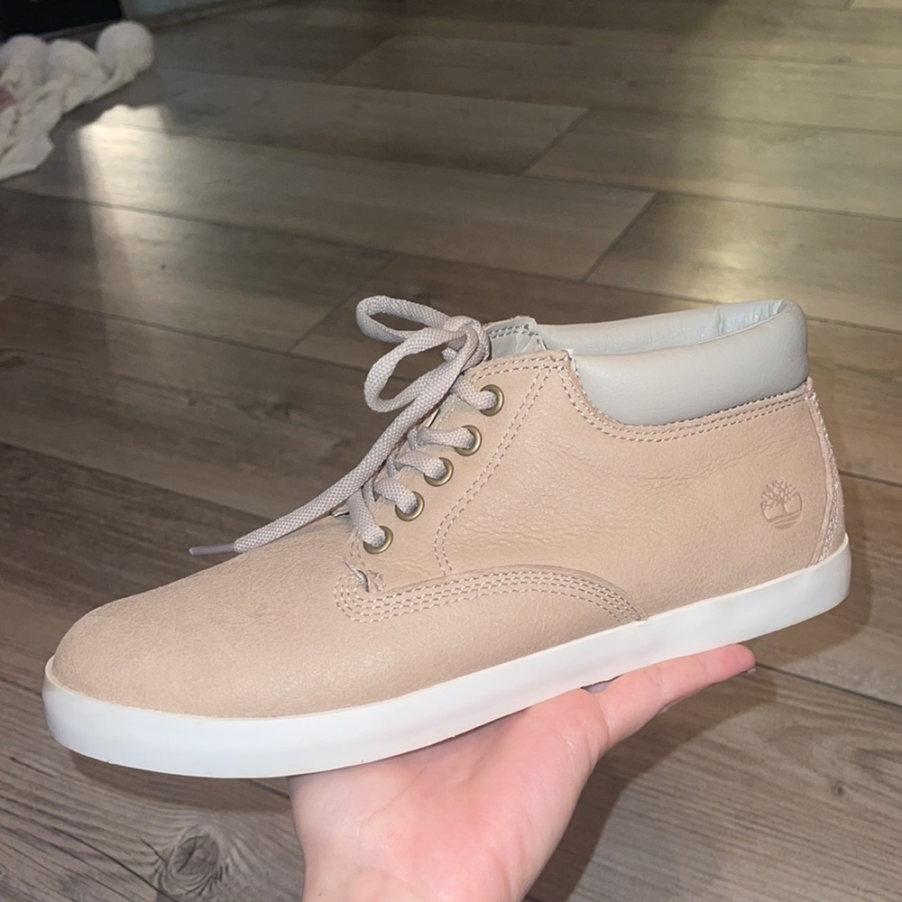 Timberland. Tan lace-up sneaker/boot. Similar to Skyla Bay mid-top on website.